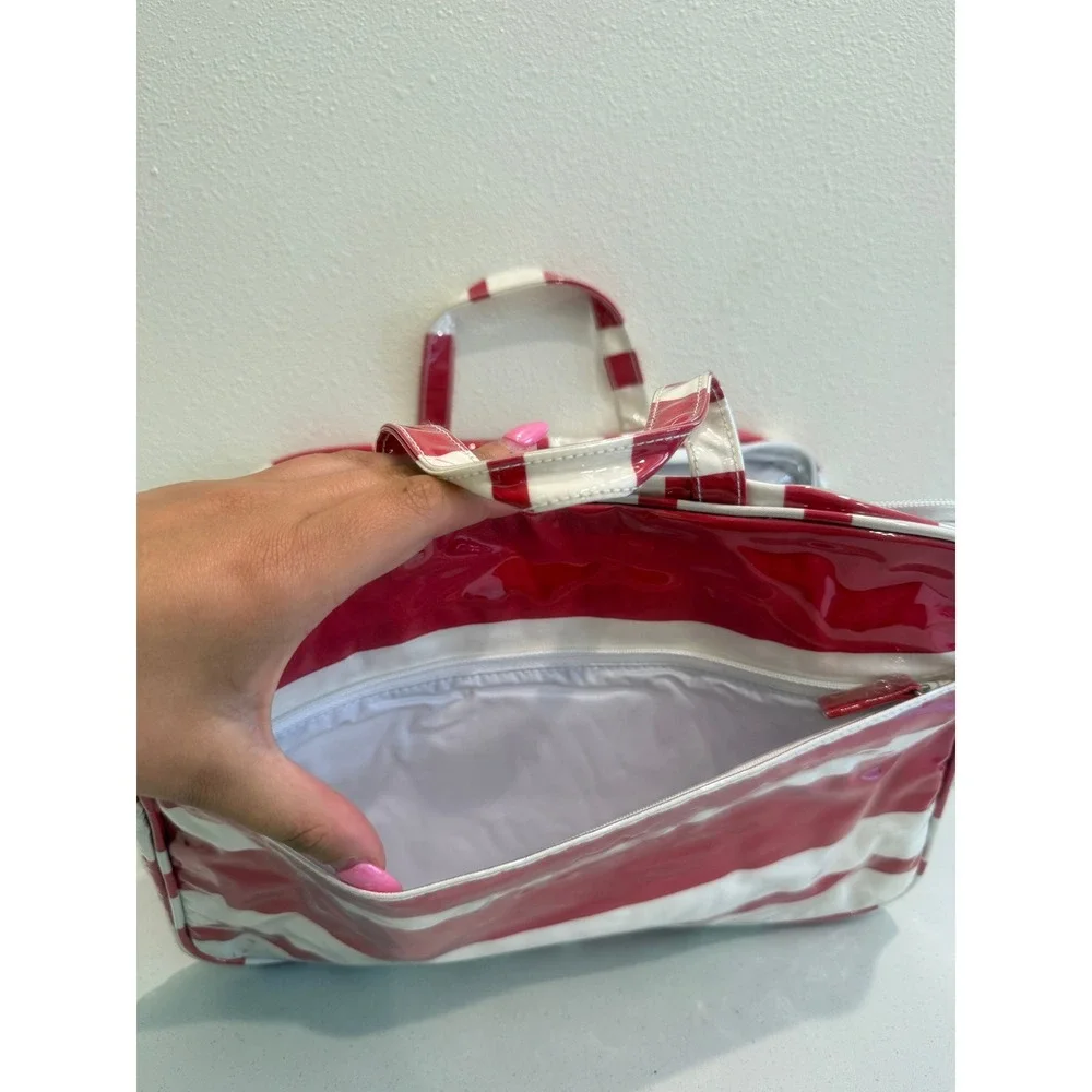 Red White Striped Cosmetic Travel Bag Glossy Patent Organizer Case Zippered